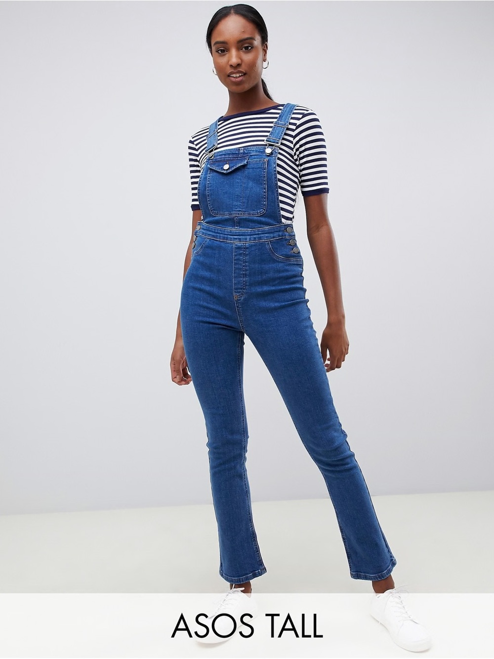 ASOS DESIGN Tall denim dungaree with kickflare in midwash blue